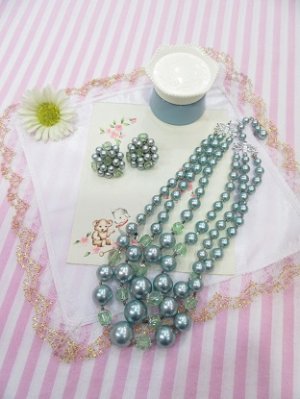 画像1: Beads Necklace&Earring Green