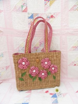 画像1: Gingham Flower Straw Bag