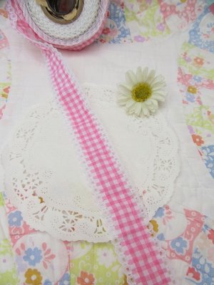 画像1: Pink Gingham Lace Trim