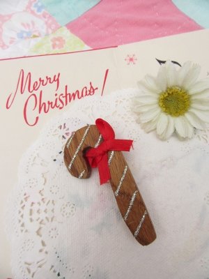 画像1: Wooden Candy Cane Brooch