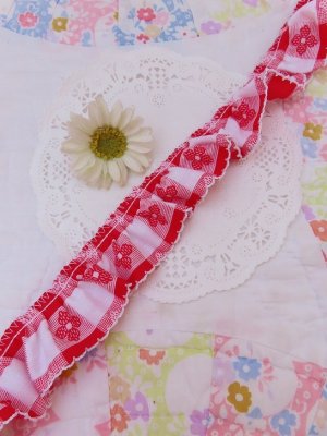 画像1: Cotton Frill Trim Gingham Red